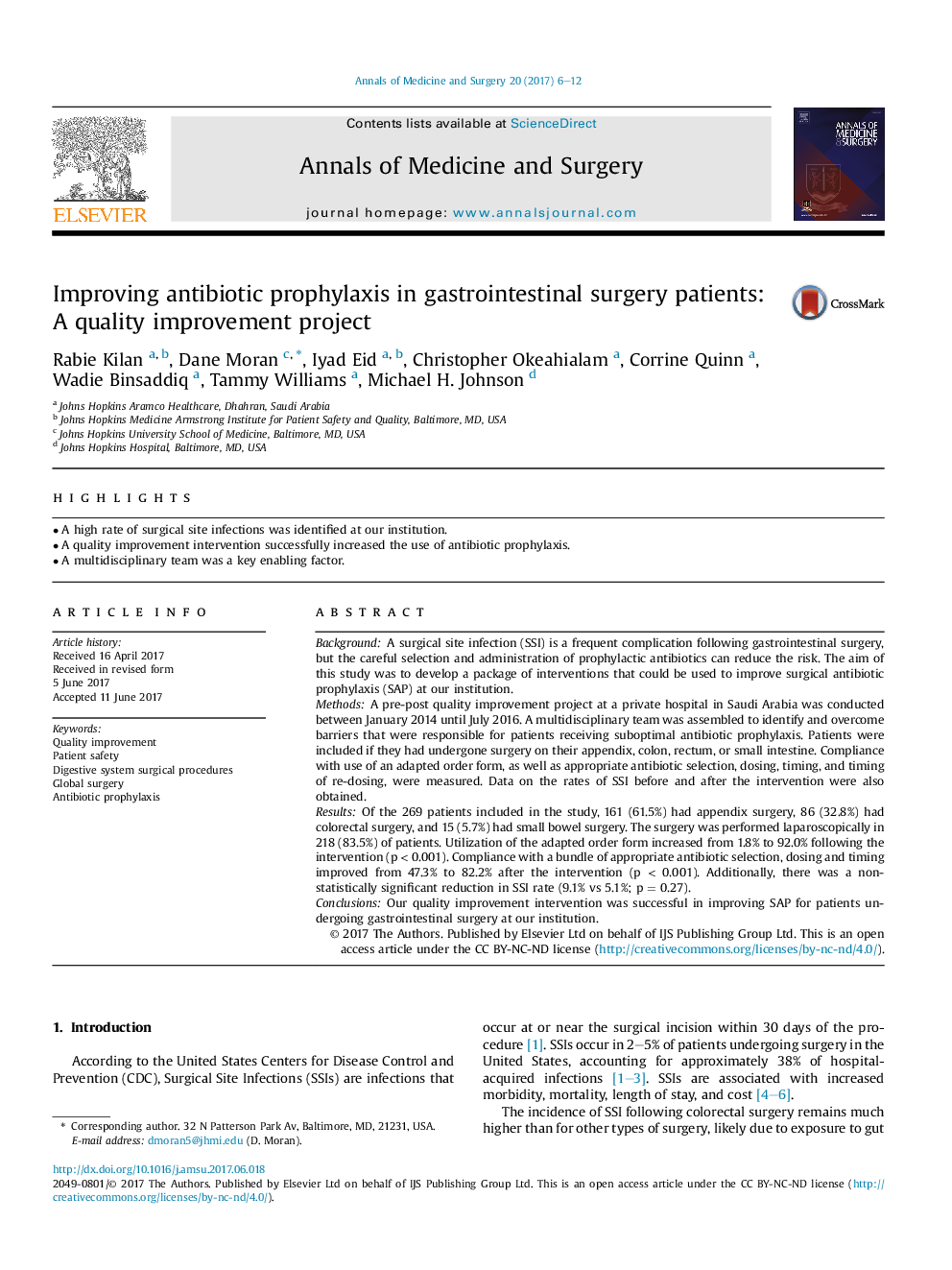 Improving antibiotic prophylaxis in gastrointestinal surgery patients: A quality improvement project