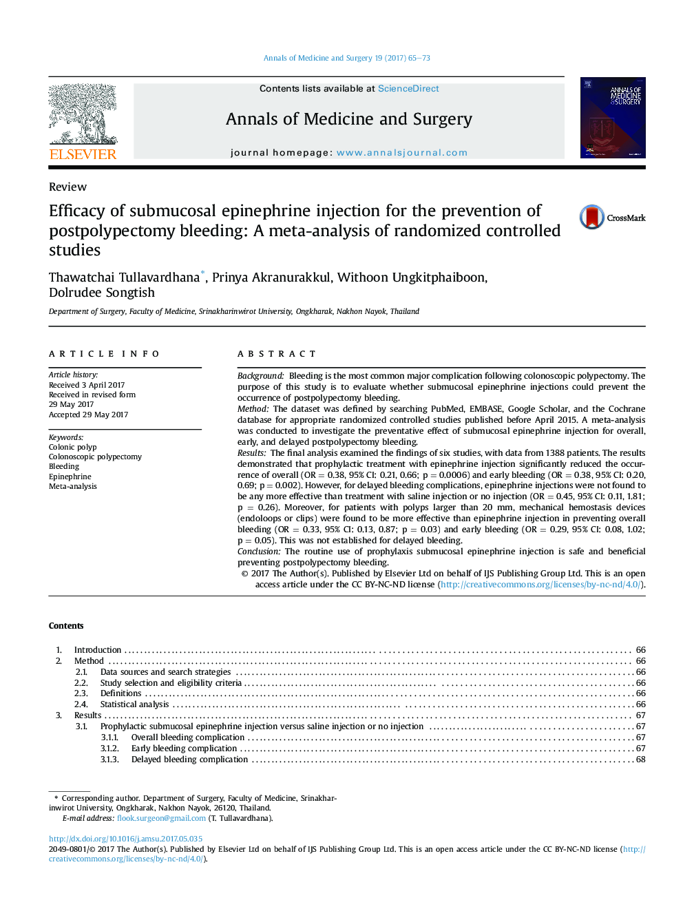 ReviewEfficacy of submucosal epinephrine injection for the prevention of postpolypectomy bleeding: A meta-analysis of randomized controlled studies