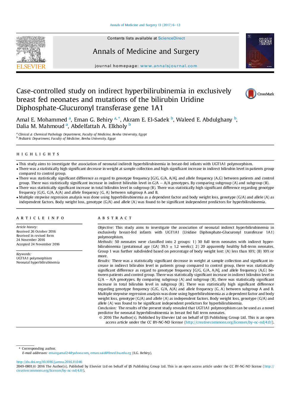 Case-controlled study on indirect hyperbilirubinemia in exclusively breast fed neonates and mutations of the bilirubin Uridine Diphosphate-Glucuronyl transferase gene 1A1