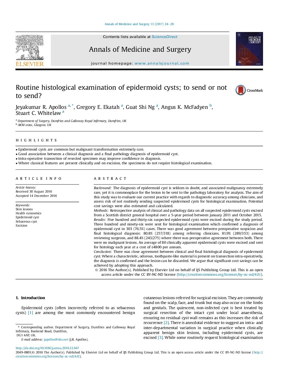 Routine histological examination of epidermoid cysts; to send or not to send?