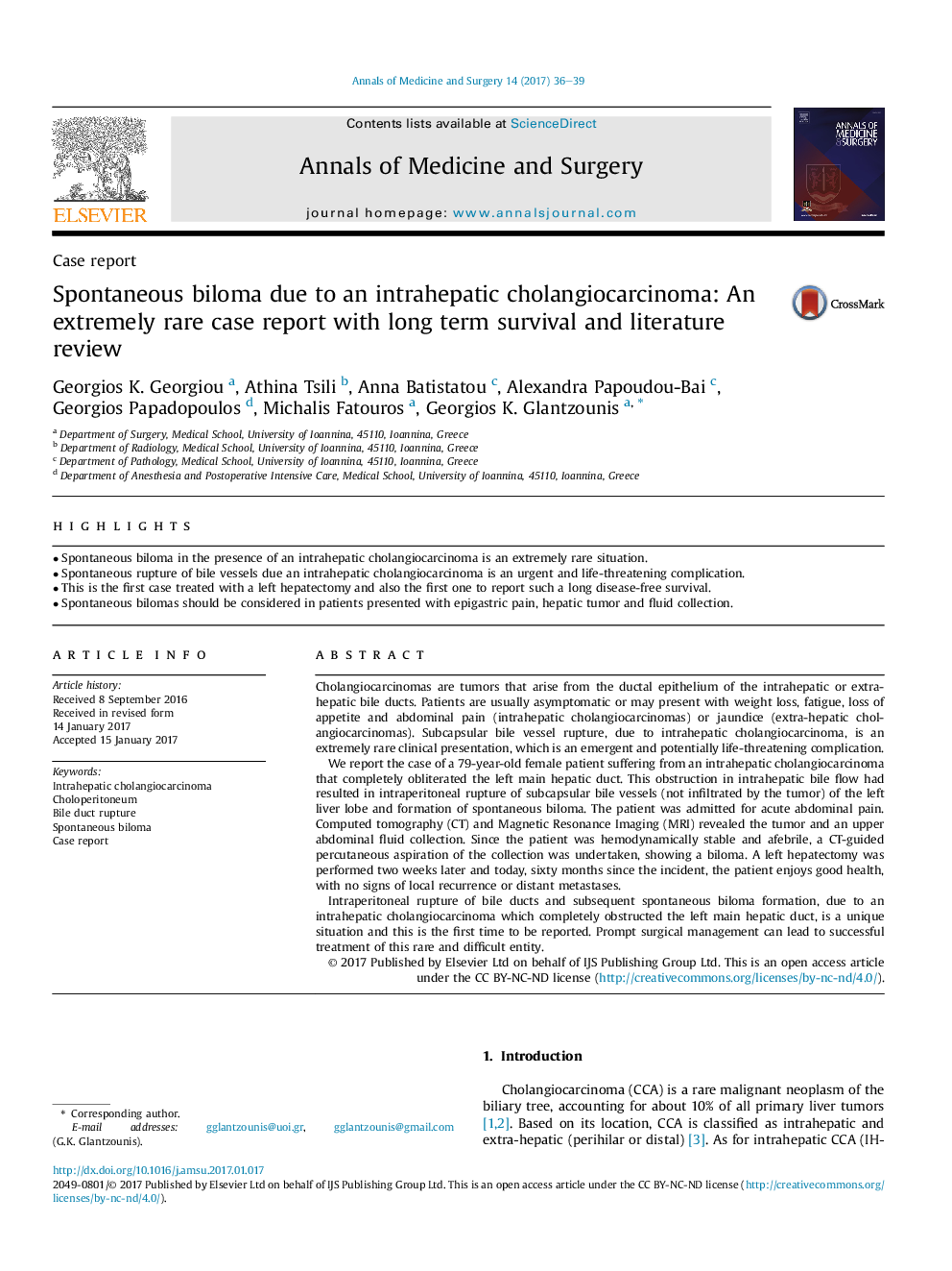 Case reportSpontaneous biloma due to an intrahepatic cholangiocarcinoma: An extremely rare case report with long term survival and literature review