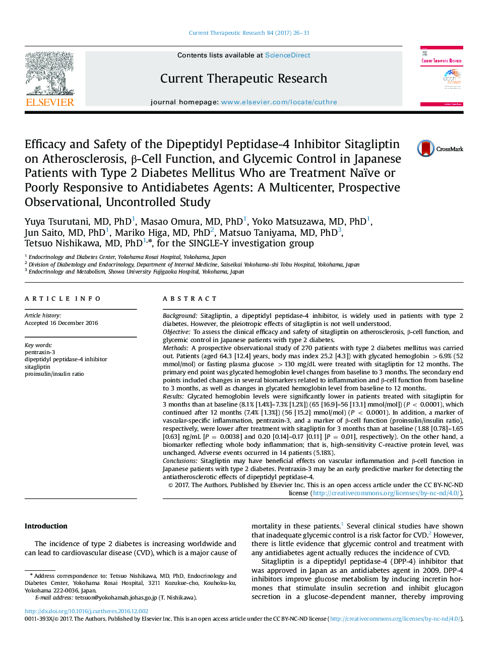 Efficacy and Safety of the Dipeptidyl Peptidase-4 Inhibitor Sitagliptin on Atherosclerosis, Î²-Cell Function, and Glycemic Control in Japanese Patients with Type 2 Diabetes Mellitus Who are Treatment Naïve or Poorly Responsive to Antidiabetes Agents: A M