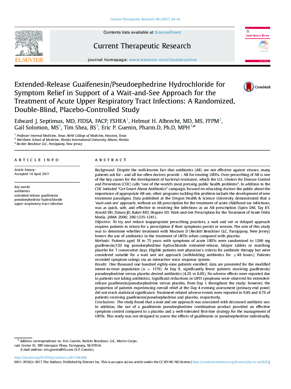 Extended-Release Guaifenesin/Pseudoephedrine Hydrochloride for Symptom Relief in Support of a Wait-and-See Approach for the Treatment of Acute Upper Respiratory Tract Infections: A Randomized, Double-Blind, Placebo-Controlled Study