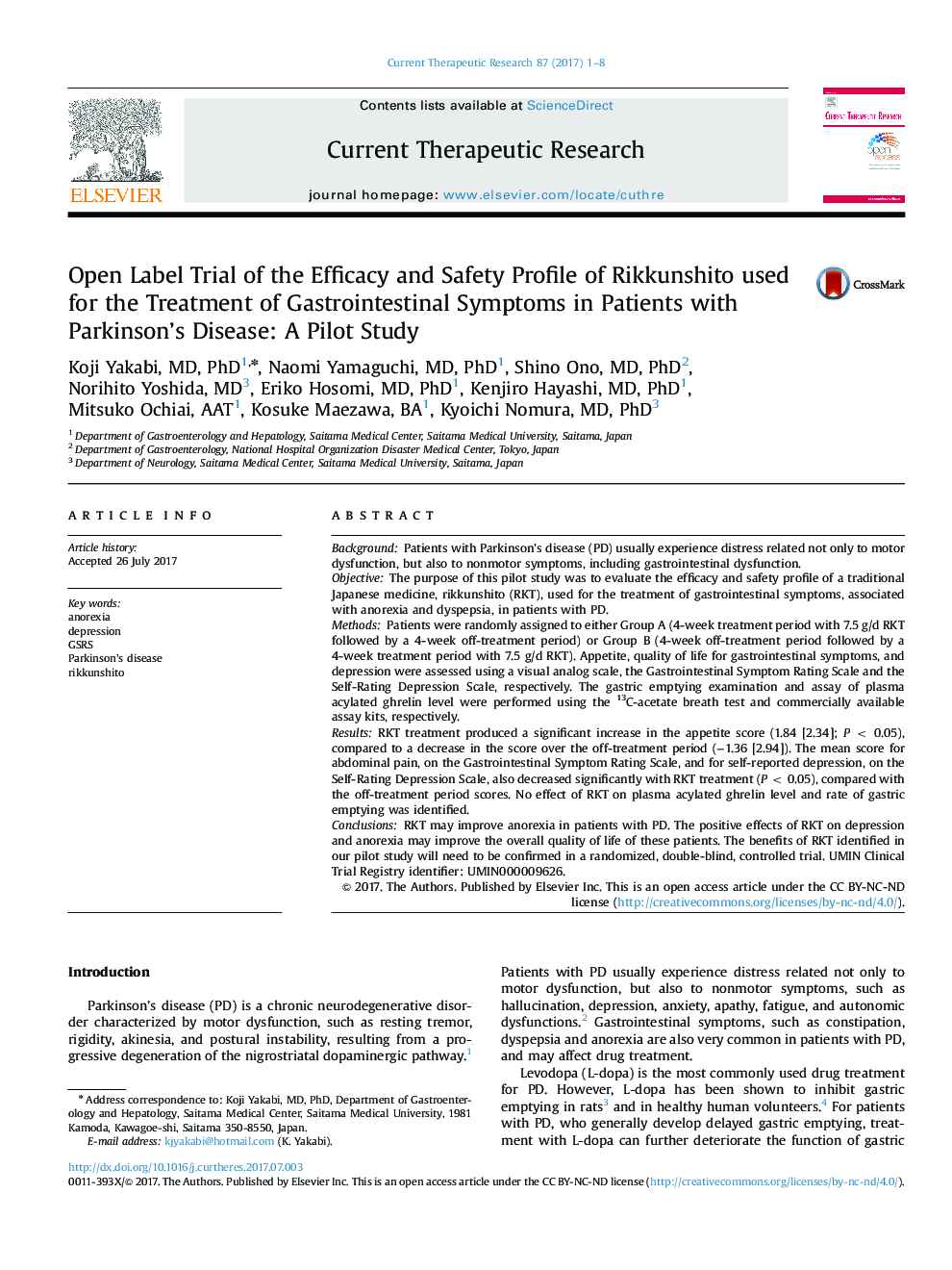 Open Label Trial of the Efficacy and Safety Profile of Rikkunshito used for the Treatment of Gastrointestinal Symptoms in Patients with Parkinson's Disease: A Pilot Study