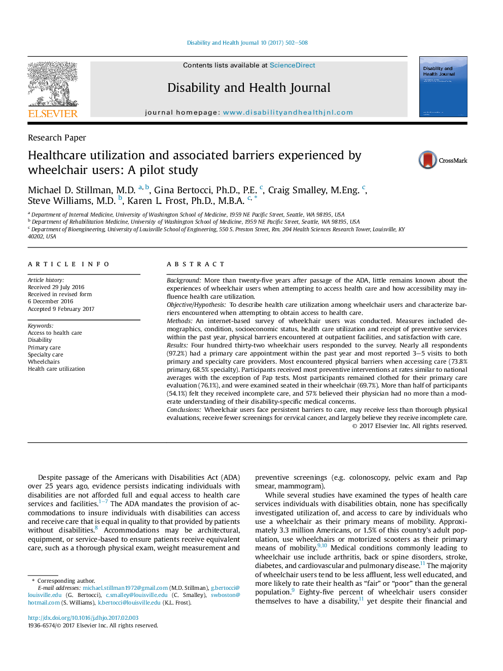 Research PaperHealthcare utilization and associated barriers experienced by wheelchair users: A pilot study