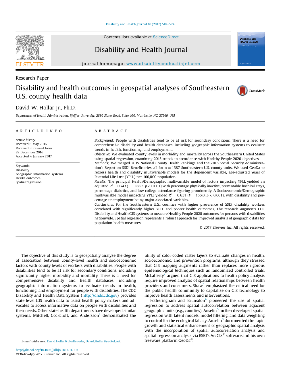 Research PaperDisability and health outcomes in geospatial analyses of Southeastern U.S. county health data