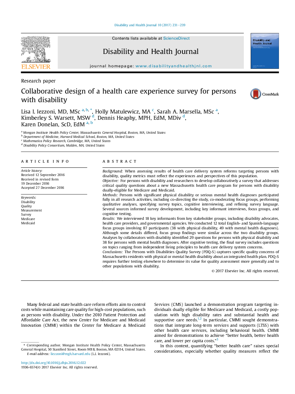 Research paperCollaborative design of a health care experience survey for persons with disability