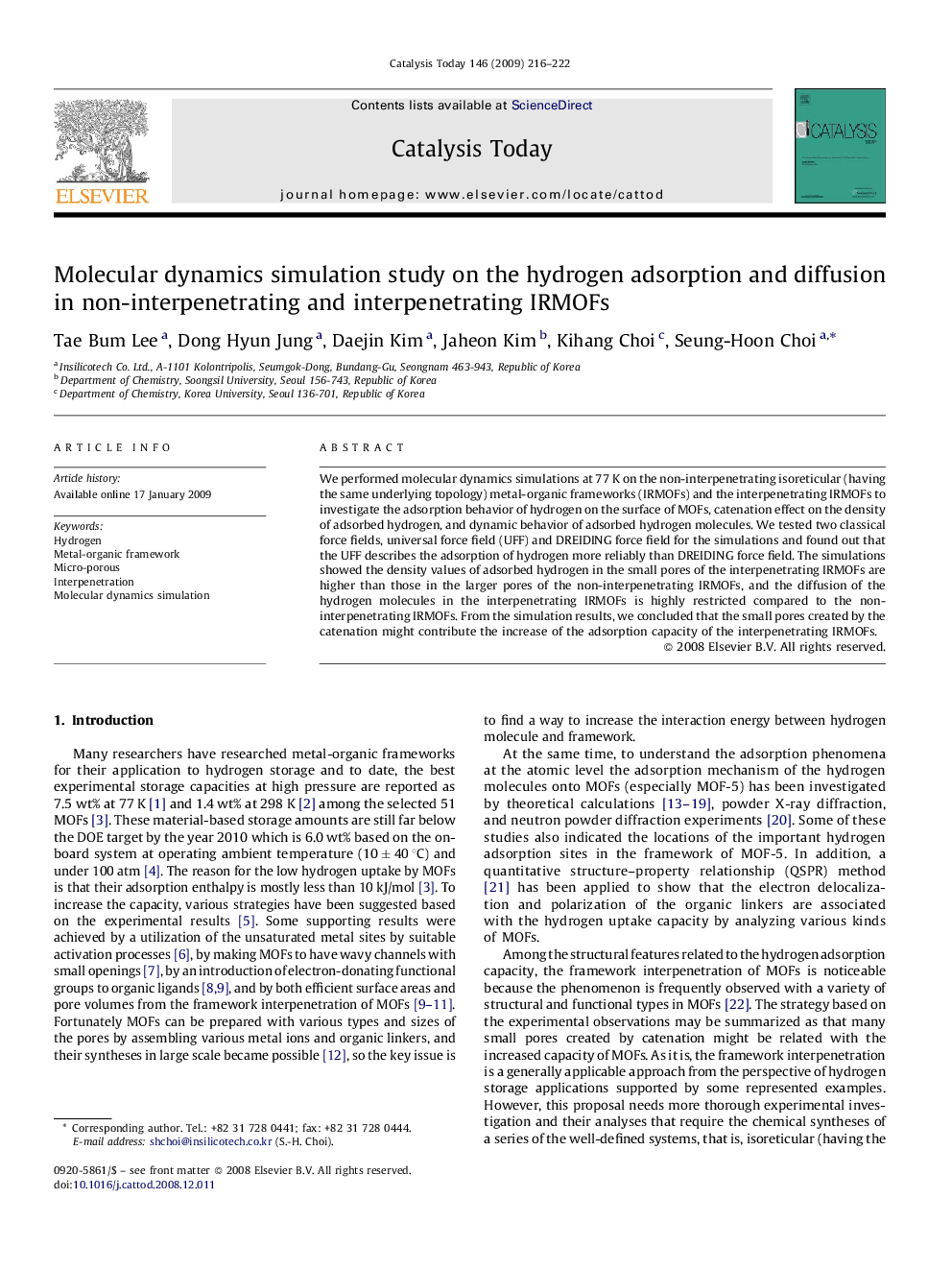 عکس صفحه اول مقاله: Molecular dynamics simulation study on the hydrogen adsorption and diffusion in non-interpenetrating and interpenetrating IRMOFs Molecular dynamics simulation study on the hydrogen adsorption and diffusion in non-interpenetrating and interpenetrating IRMOFs