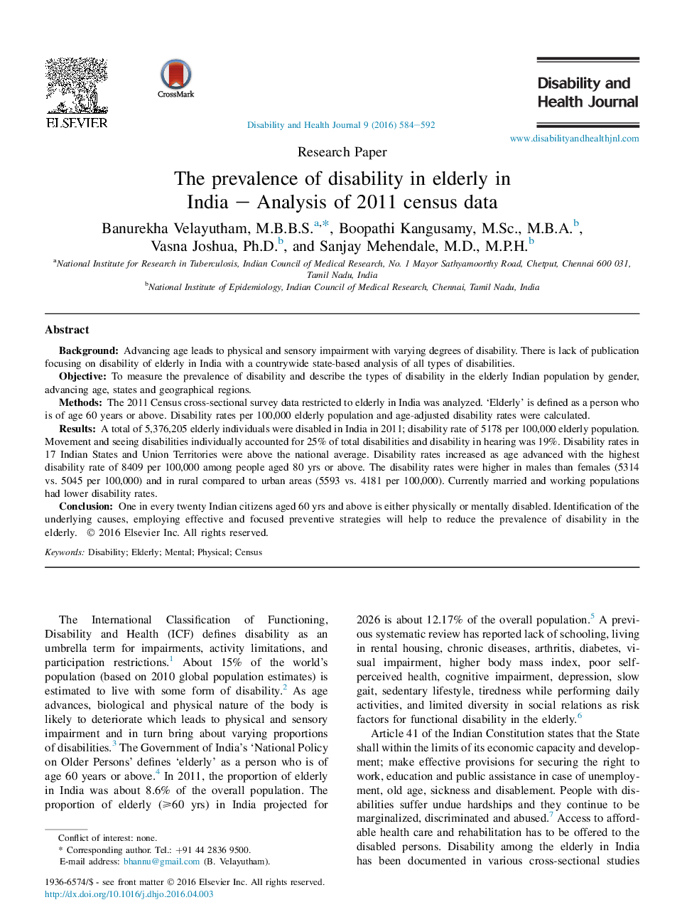 Research PaperThe prevalence of disability in elderly in India - Analysis of 2011 census data