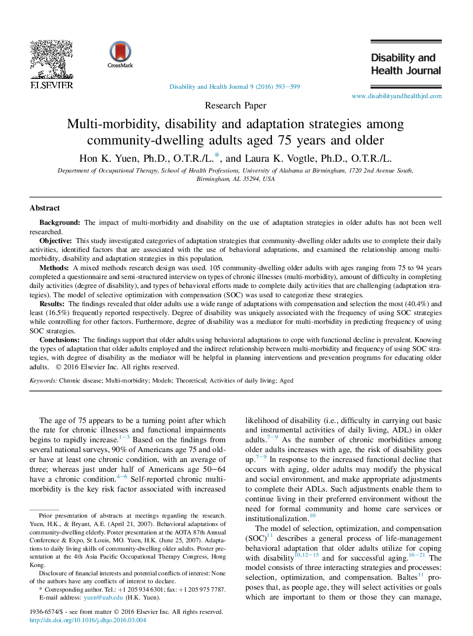 Research PaperMulti-morbidity, disability and adaptation strategies among community-dwelling adults aged 75 years and older