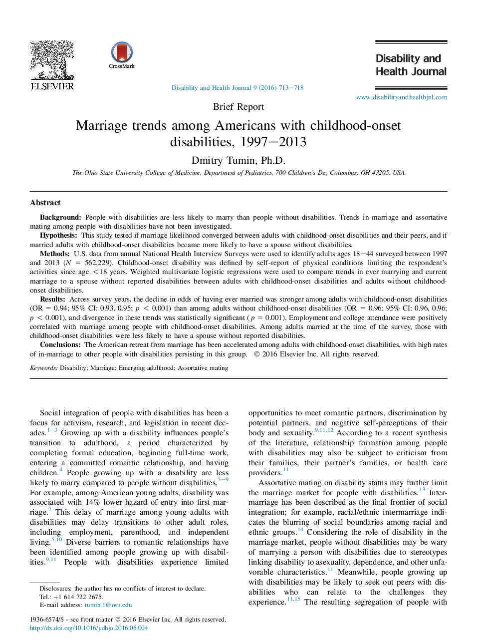 Brief ReportMarriage trends among Americans with childhood-onset disabilities, 1997-2013