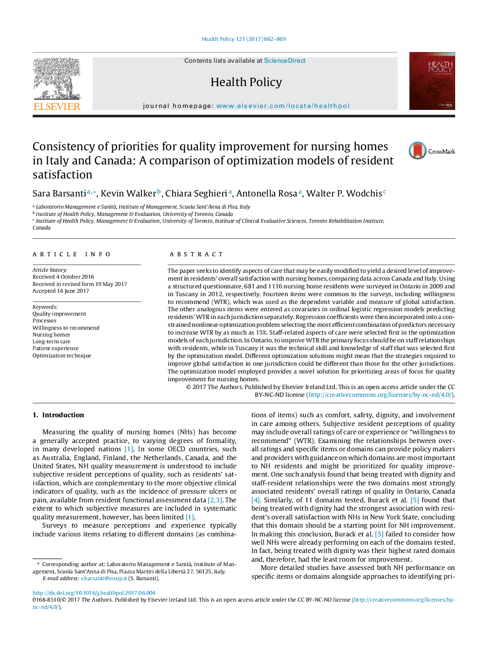 Consistency of priorities for quality improvement for nursing homes in Italy and Canada: A comparison of optimization models of resident satisfaction