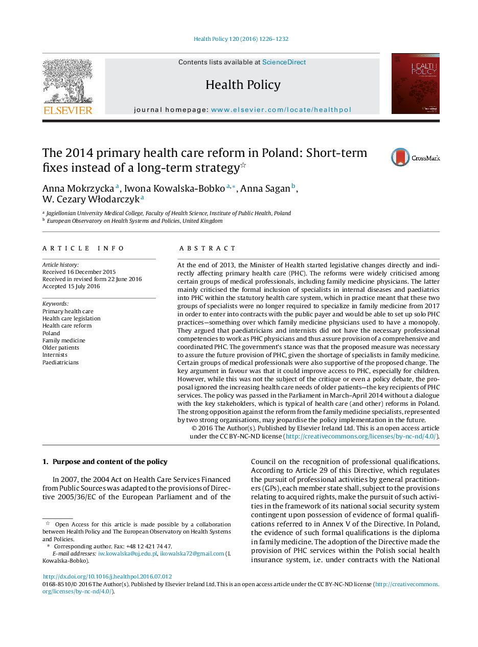 The 2014 primary health care reform in Poland: Short-term fixes instead of a long-term strategy