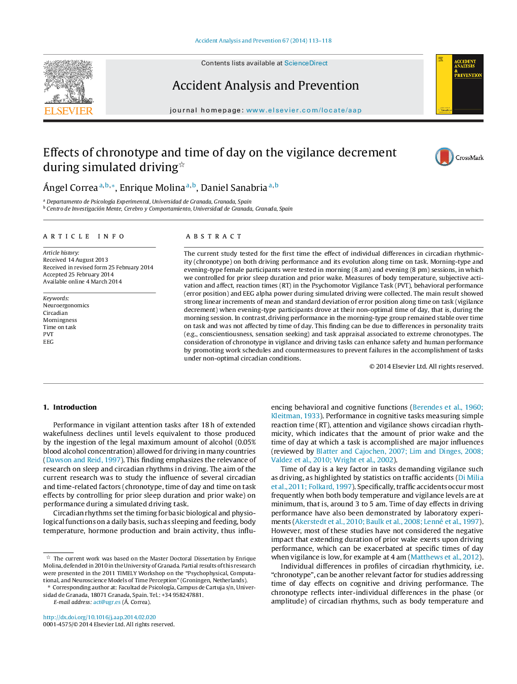 Effects of chronotype and time of day on the vigilance decrement during simulated driving