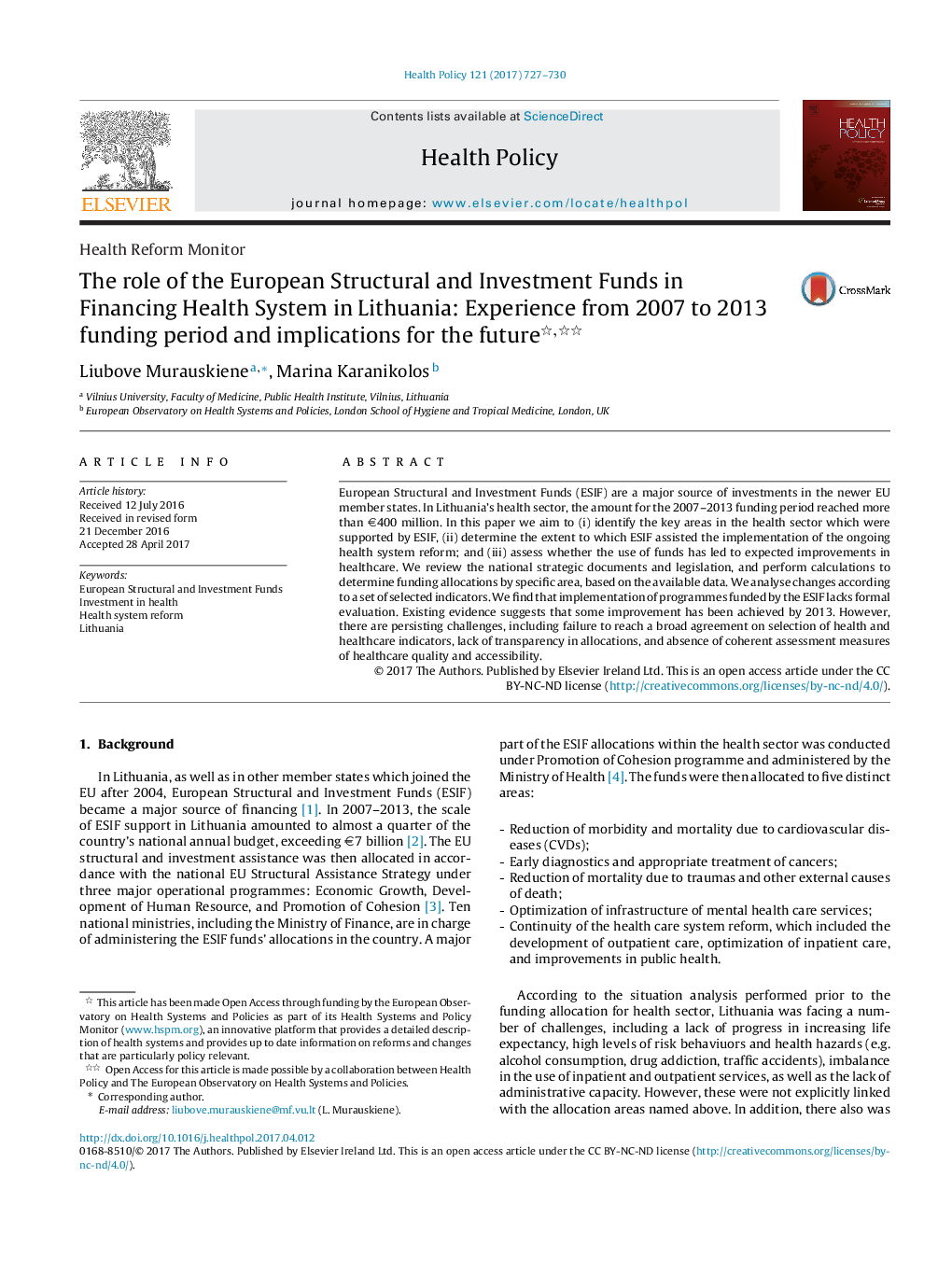 Health Reform MonitorThe role of the European Structural and Investment Funds in Financing Health System in Lithuania: Experience from 2007 to 2013 funding period and implications for the future