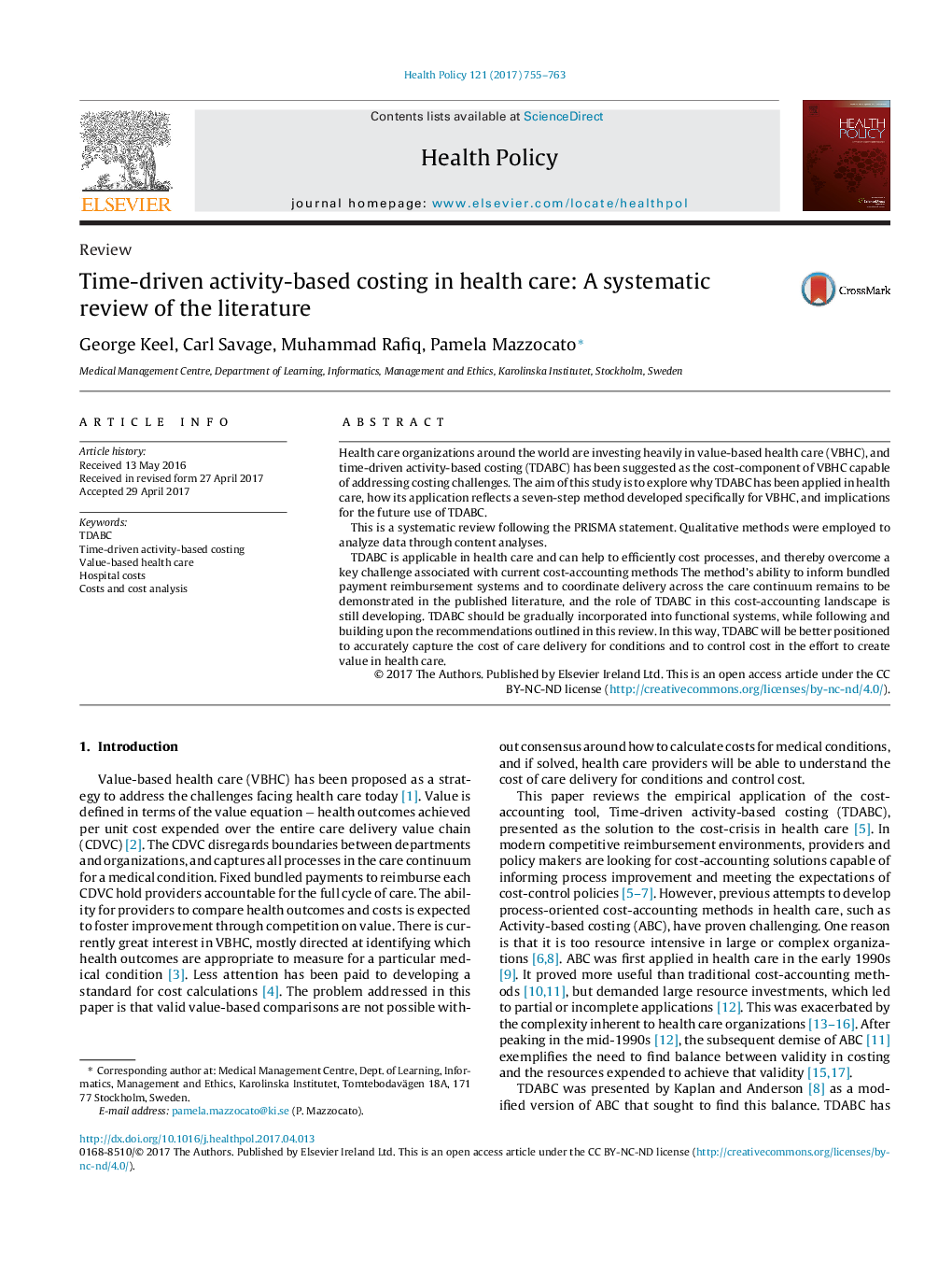 ReviewTime-driven activity-based costing in health care: A systematic review of the literature