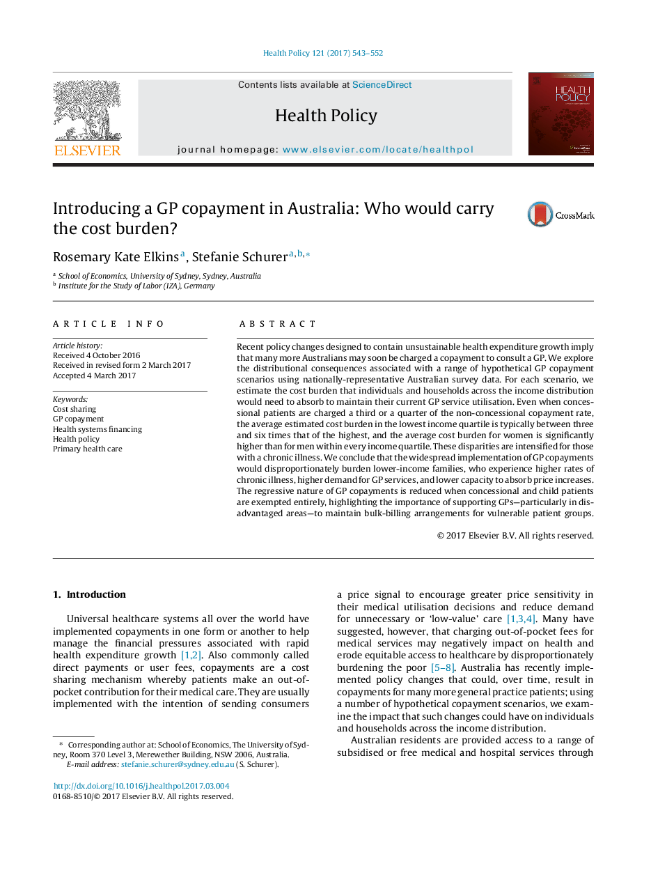 Introducing a GP copayment in Australia: Who would carry the cost burden?