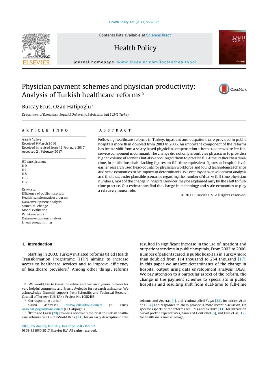 Physician payment schemes and physician productivity: Analysis of Turkish healthcare reforms