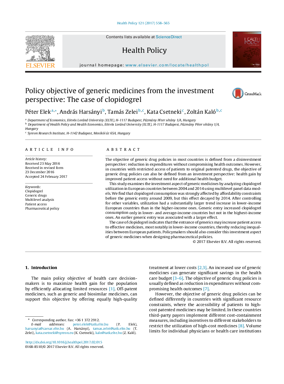 Policy objective of generic medicines from the investment perspective: The case of clopidogrel