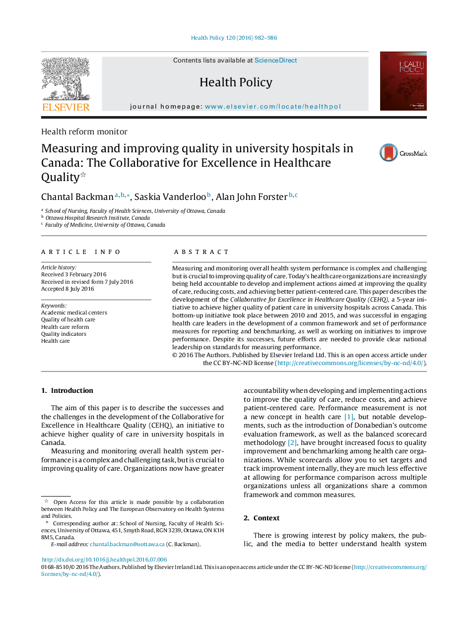 Measuring and improving quality in university hospitals in Canada: The Collaborative for Excellence in Healthcare Quality 
