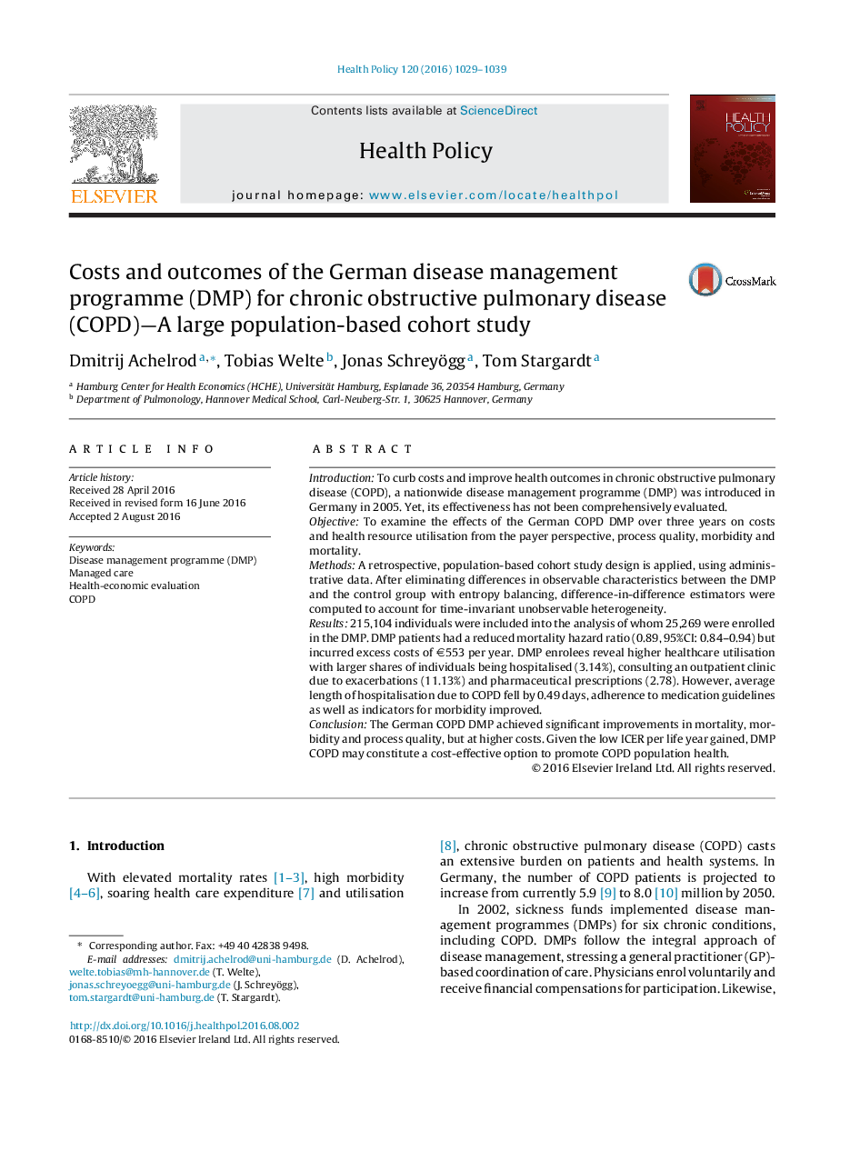 Costs and outcomes of the German disease management programme (DMP) for chronic obstructive pulmonary disease (COPD)-A large population-based cohort study