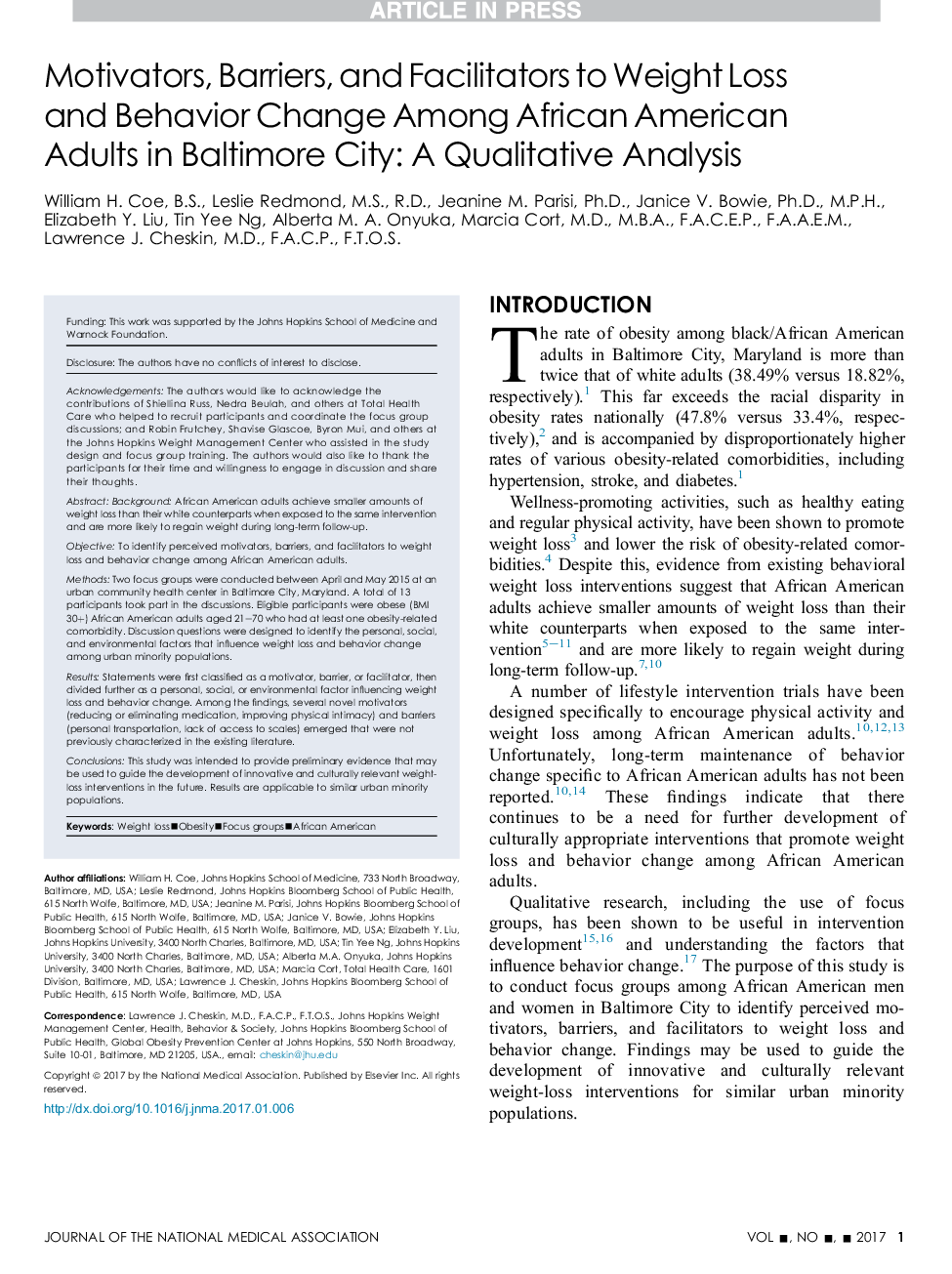 انگیزه دهنده ها، موانع و تسهیل کنندگان از دست دادن وزن و تغییر رفتار در میان بزرگسالان آفریقایی آمریکایی در شهر بالتیمور: یک تجزیه و تحلیل کیفی 