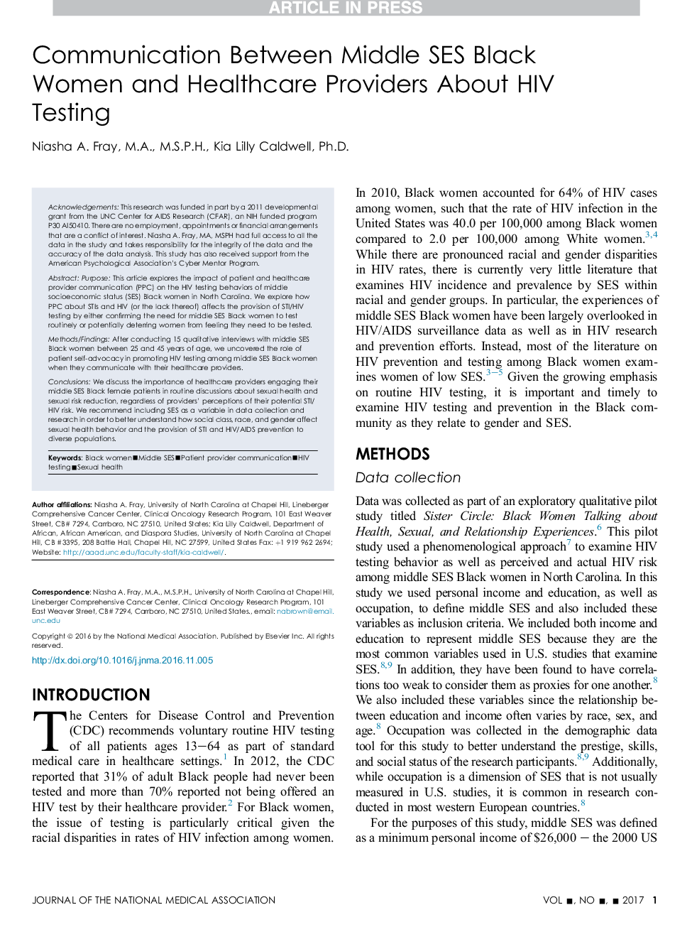 Communication Between Middle SES Black Women and Healthcare Providers About HIV Testing