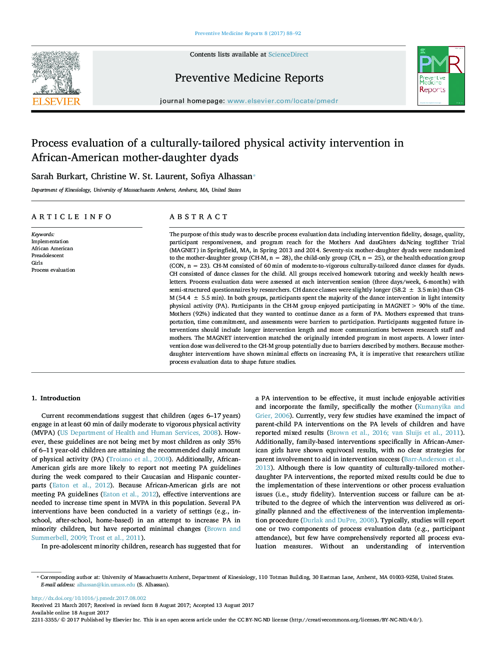 Process evaluation of a culturally-tailored physical activity intervention in African-American mother-daughter dyads