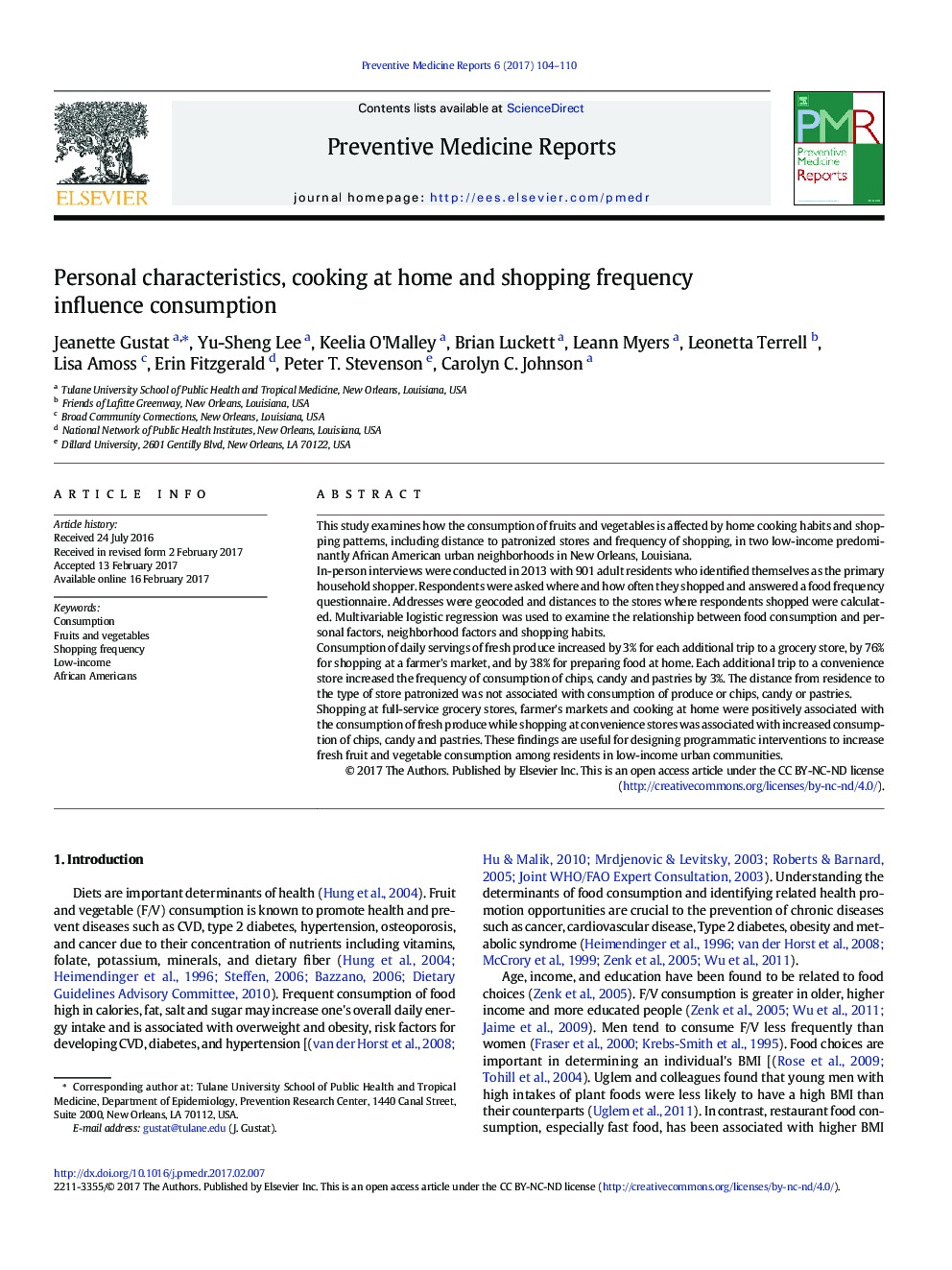 Personal characteristics, cooking at home and shopping frequency influence consumption