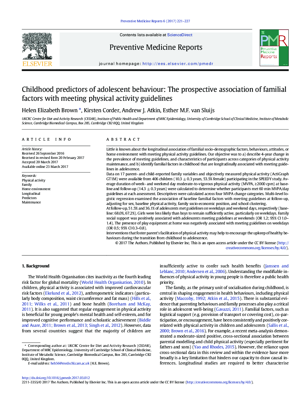 Childhood predictors of adolescent behaviour: The prospective association of familial factors with meeting physical activity guidelines