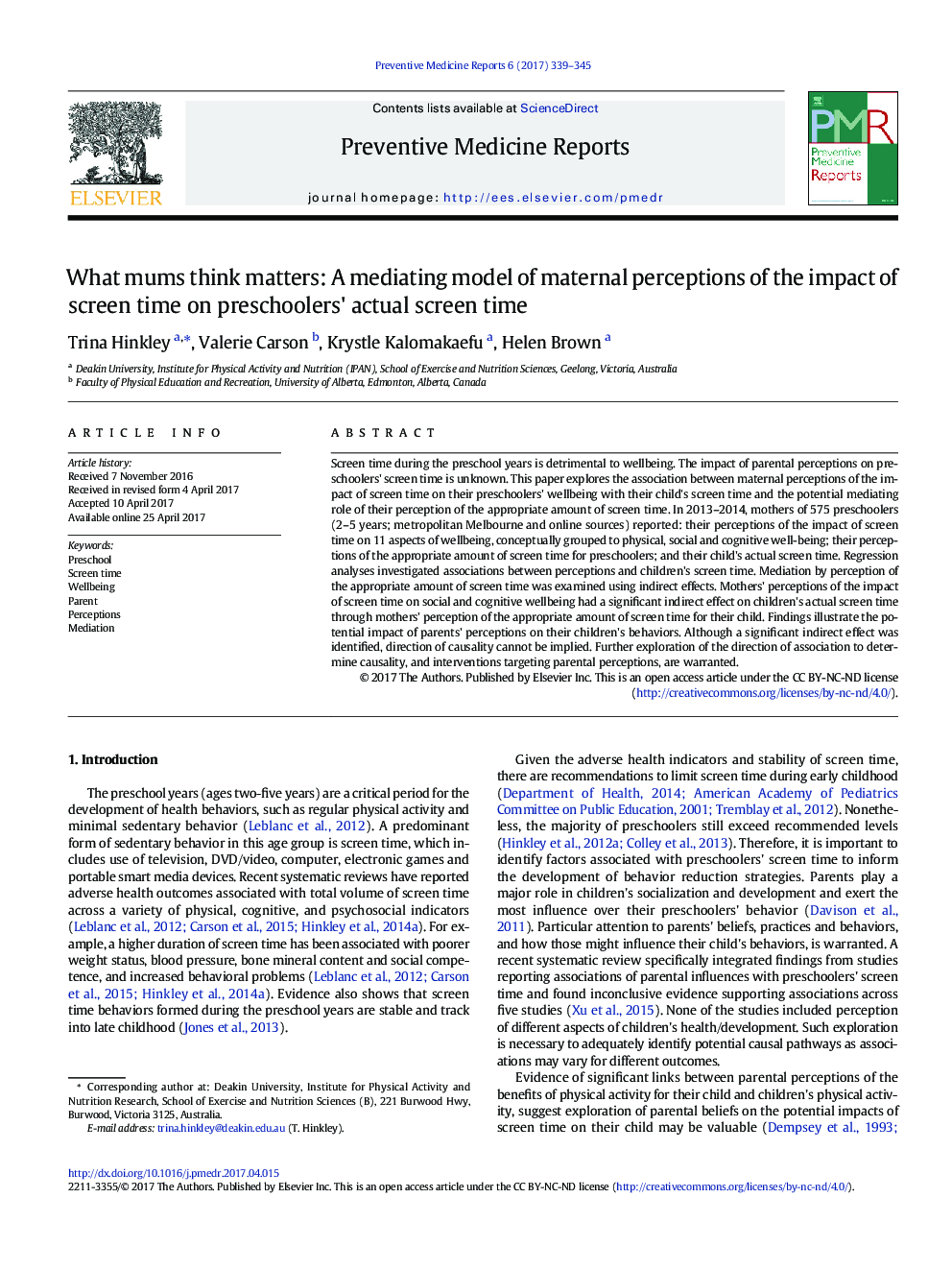 What mums think matters: A mediating model of maternal perceptions of the impact of screen time on preschoolers' actual screen time