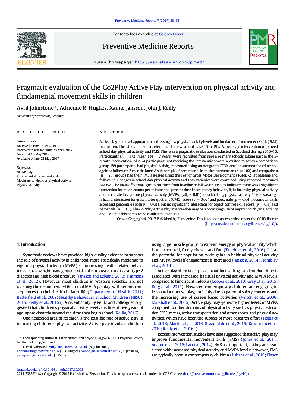 Pragmatic evaluation of the Go2Play Active Play intervention on physical activity and fundamental movement skills in children