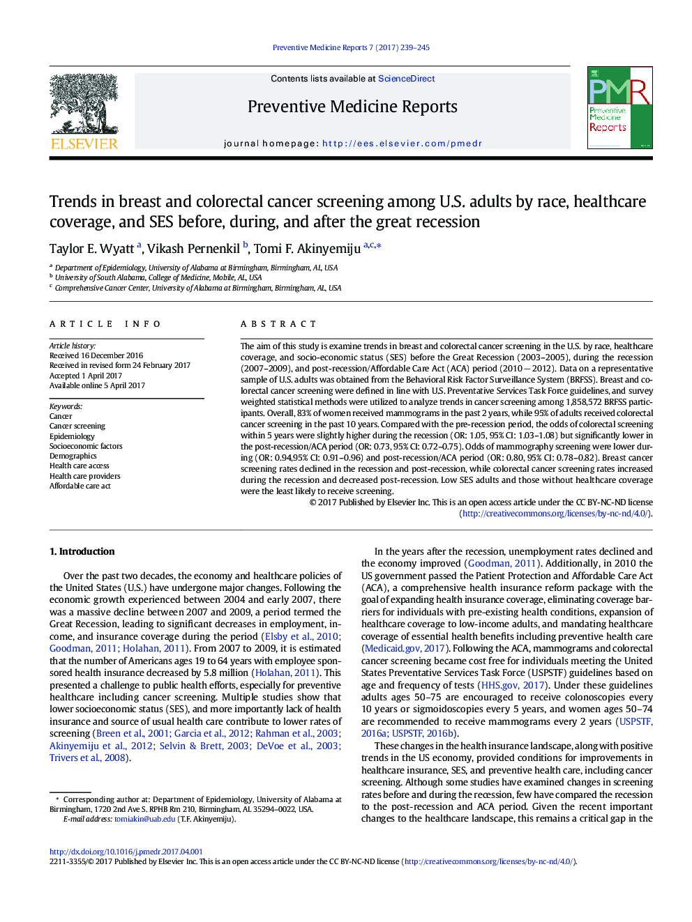 Trends in breast and colorectal cancer screening among U.S. adults by race, healthcare coverage, and SES before, during, and after the great recession