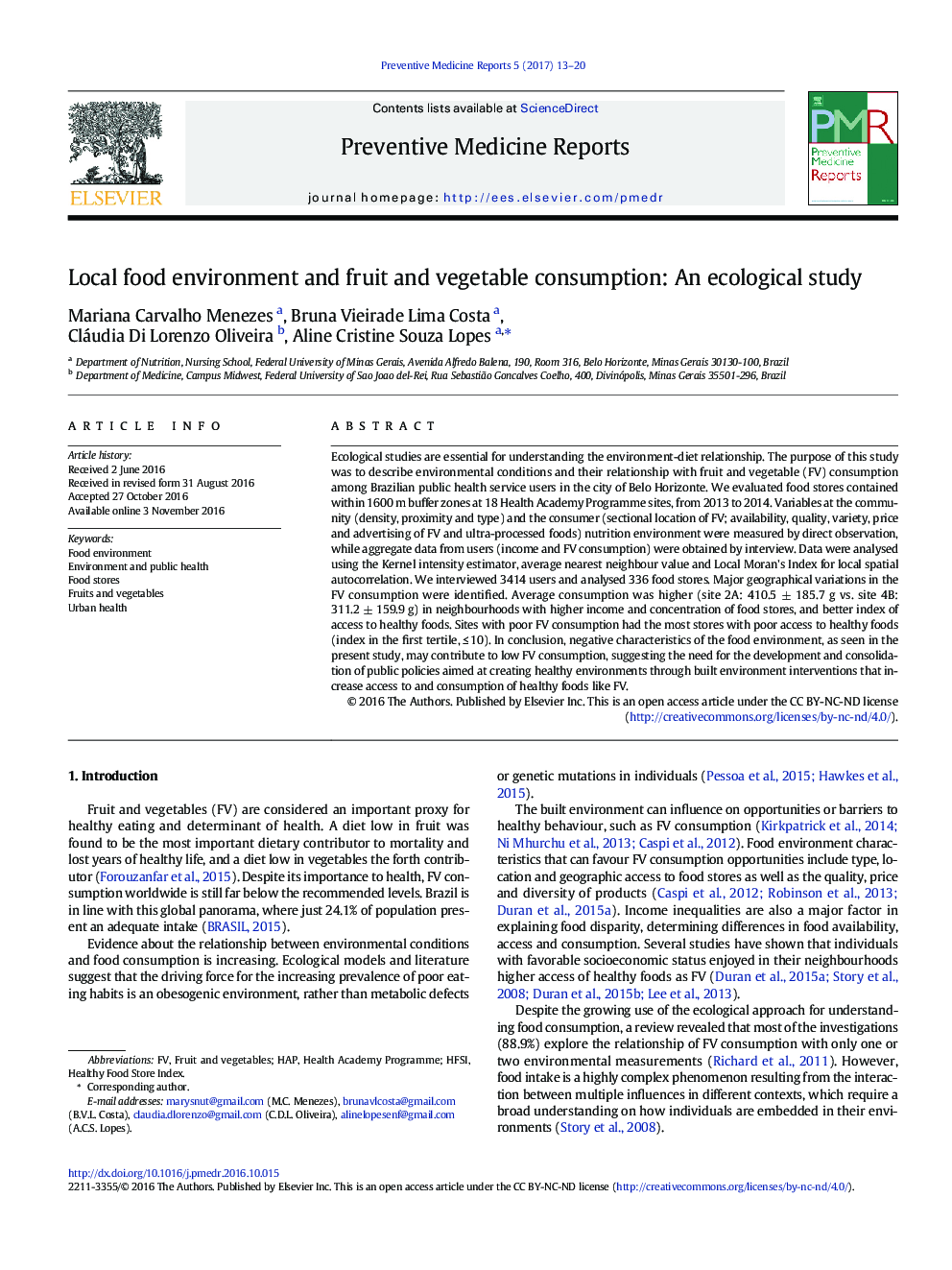 Local food environment and fruit and vegetable consumption: An ecological study