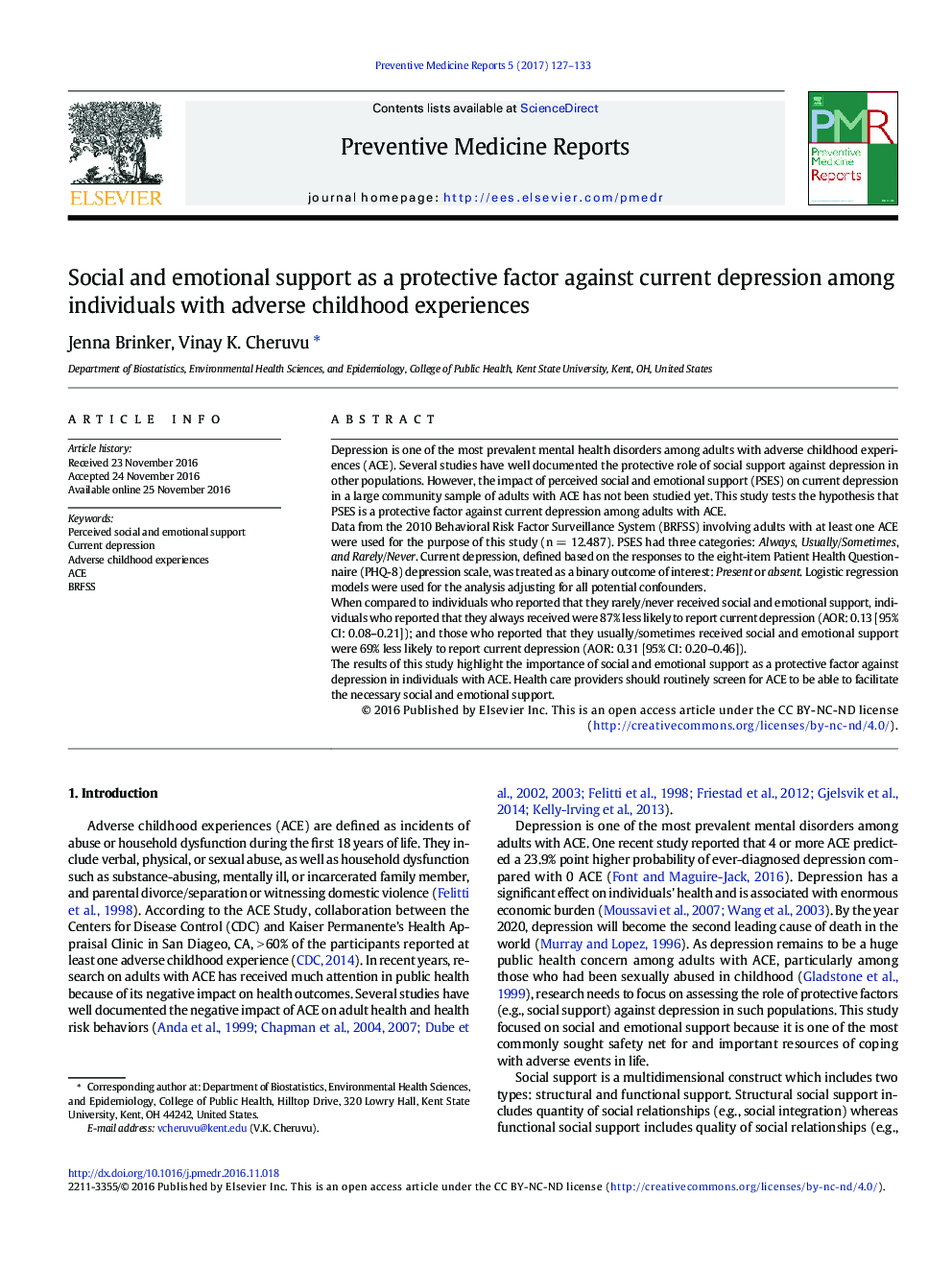 Social and emotional support as a protective factor against current depression among individuals with adverse childhood experiences