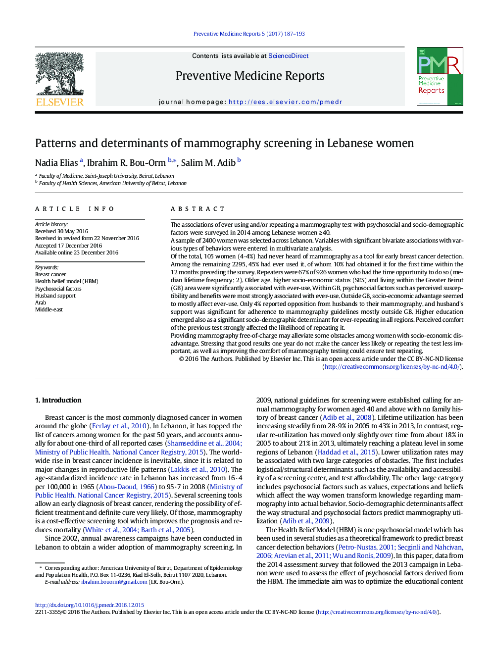Patterns and determinants of mammography screening in Lebanese women