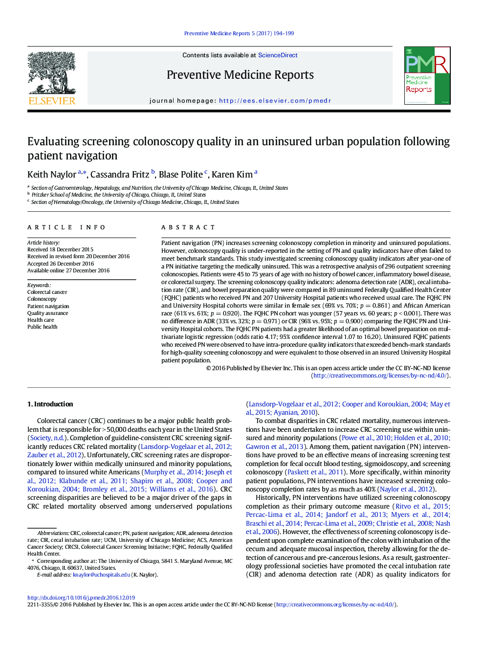 Evaluating screening colonoscopy quality in an uninsured urban population following patient navigation