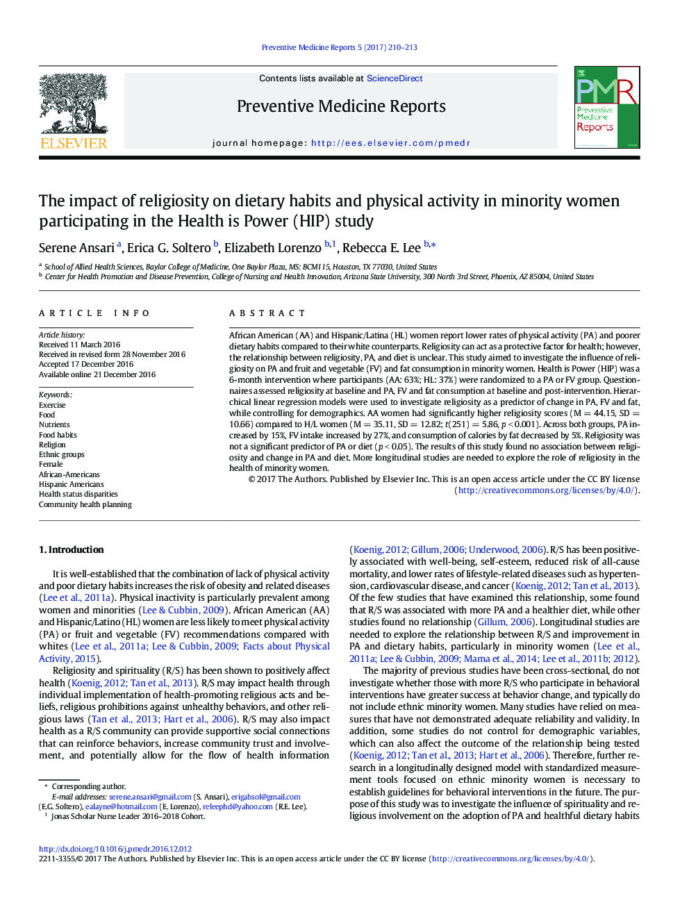 The impact of religiosity on dietary habits and physical activity in minority women participating in the Health is Power (HIP) study