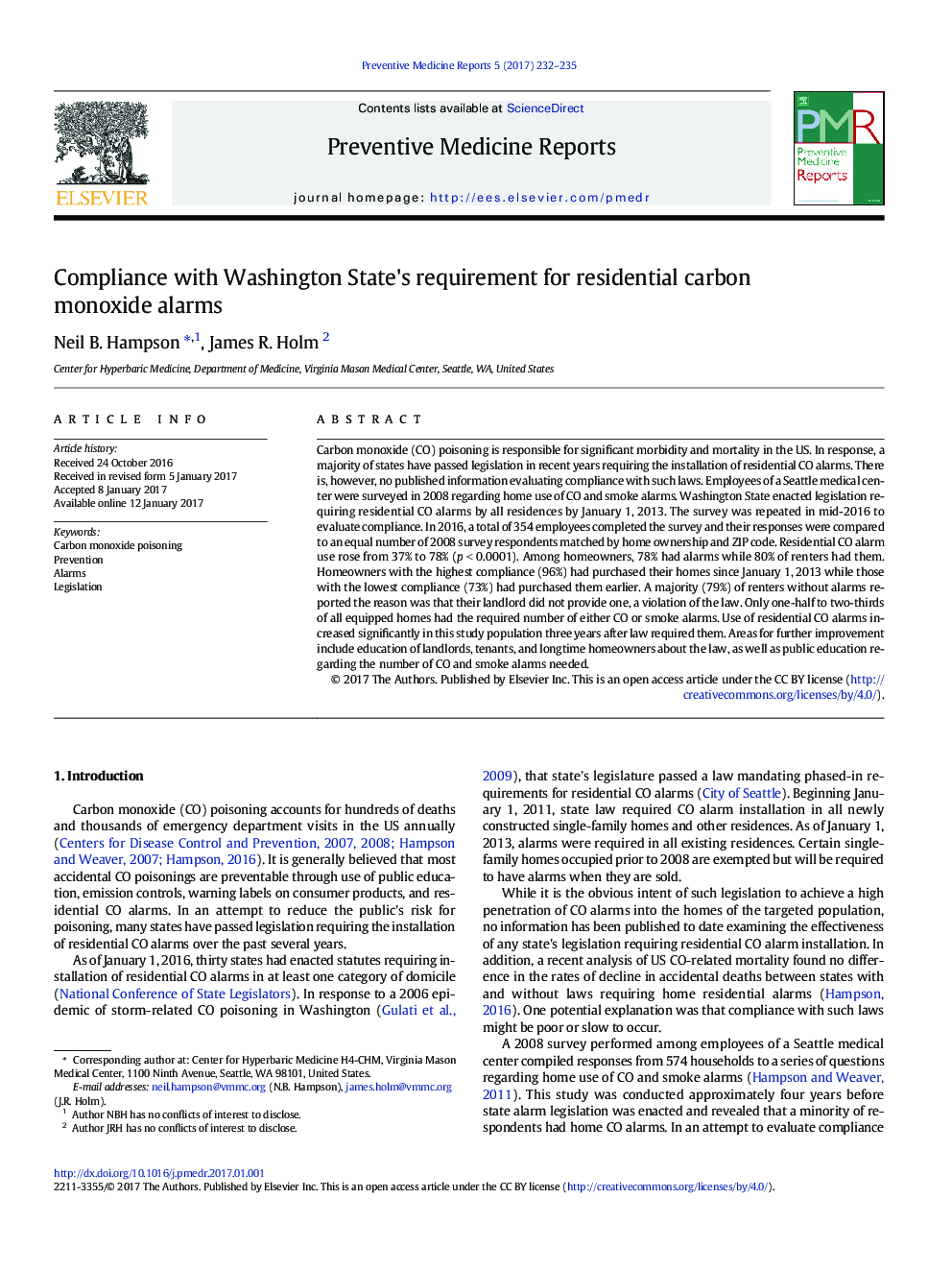 Compliance with Washington State's requirement for residential carbon monoxide alarms