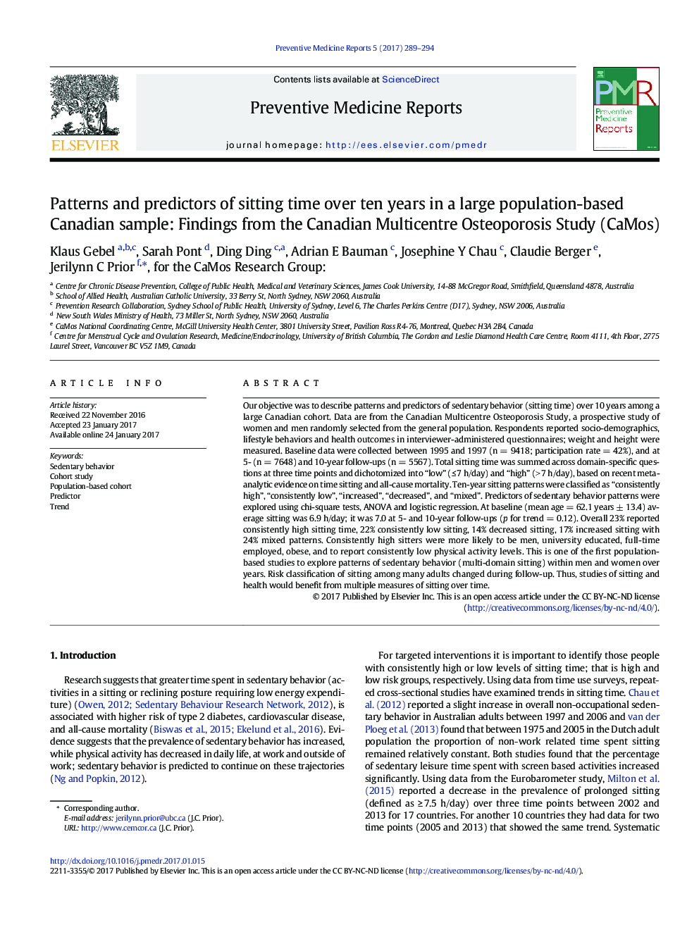 Patterns and predictors of sitting time over ten years in a large population-based Canadian sample: Findings from the Canadian Multicentre Osteoporosis Study (CaMos)