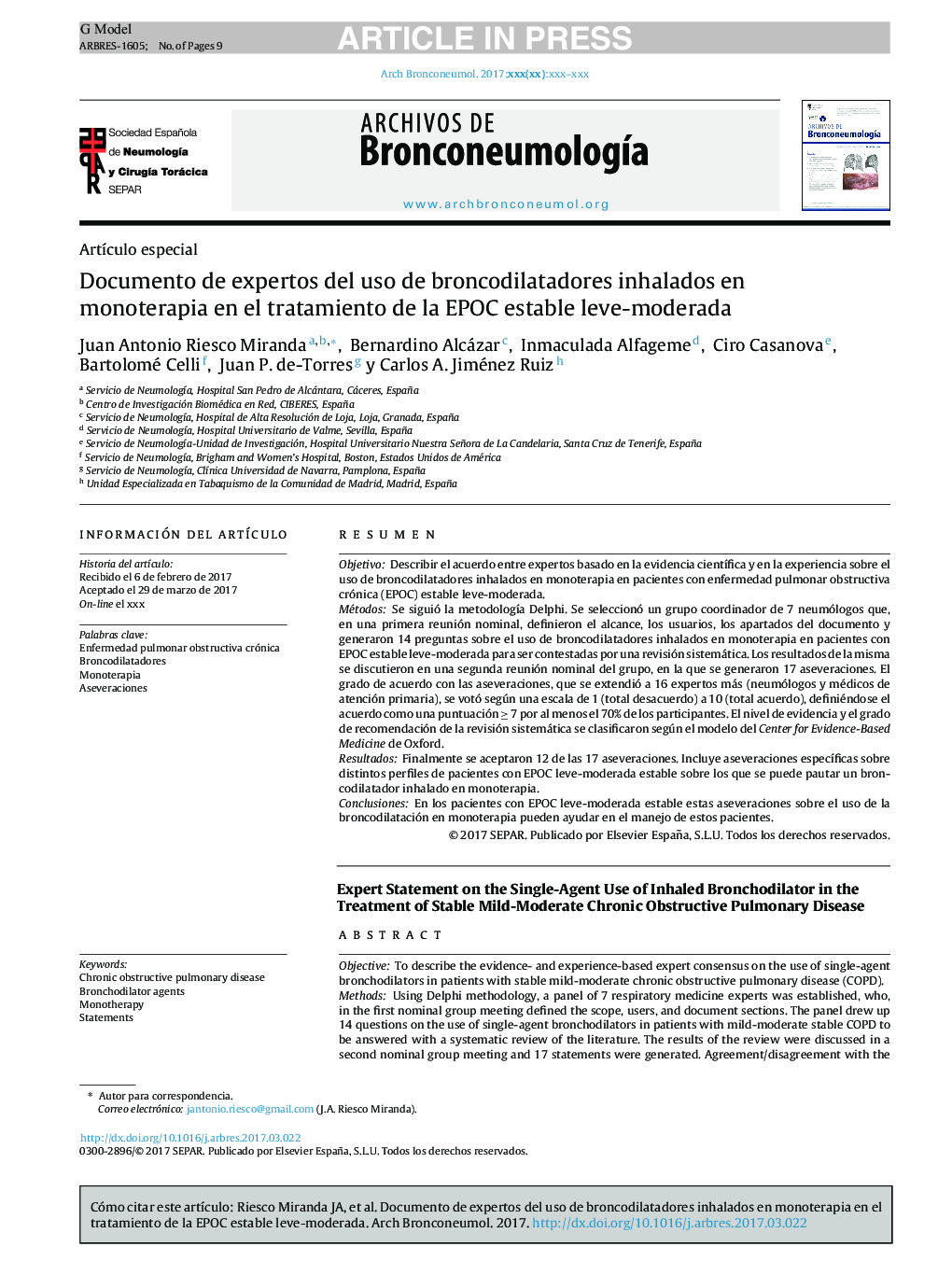 Documento de expertos del uso de broncodilatadores inhalados en monoterapia en el tratamiento de la EPOC estable leve-moderada