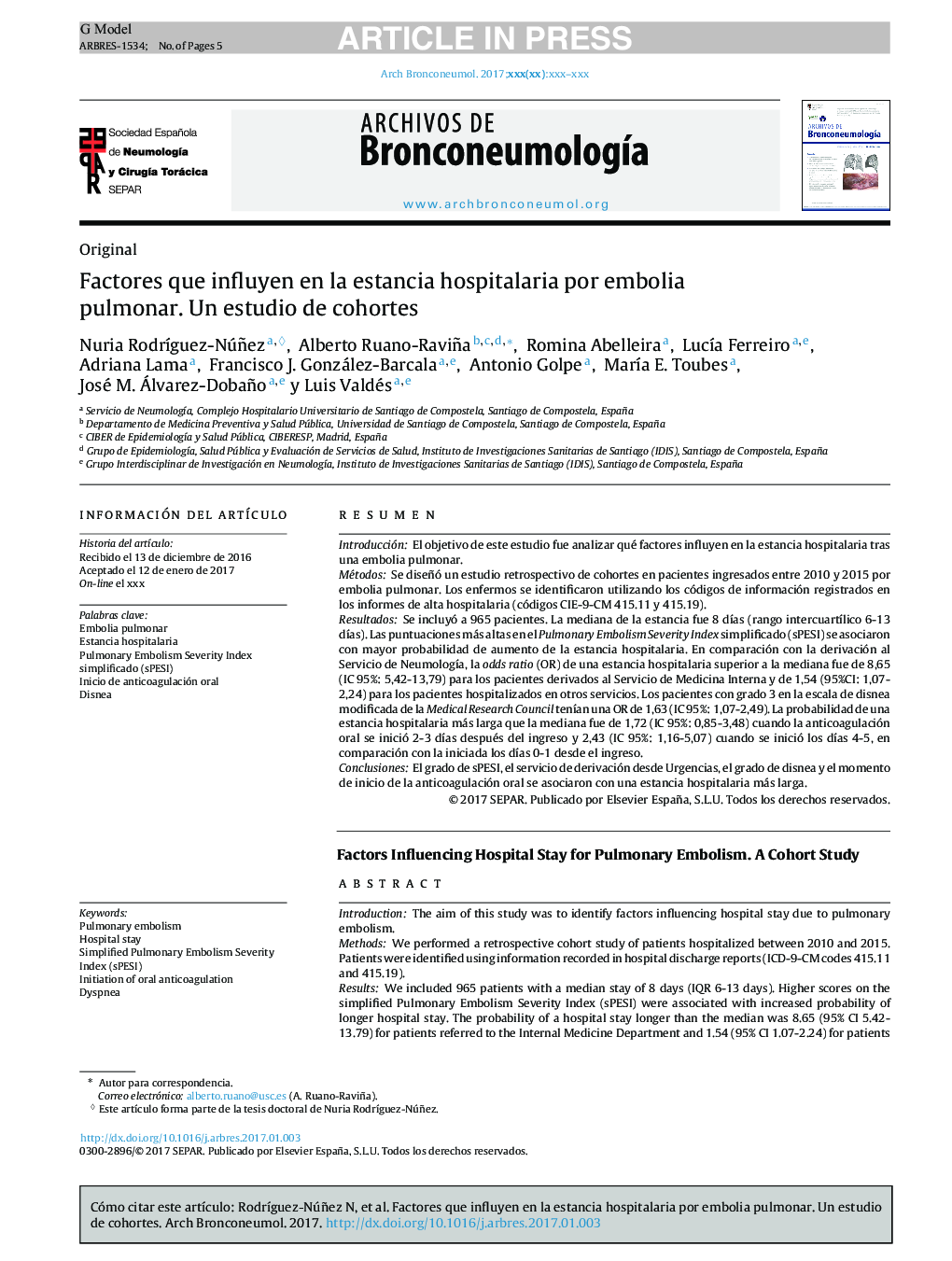 Factores que influyen en la estancia hospitalaria por embolia pulmonar. Un estudio de cohortes