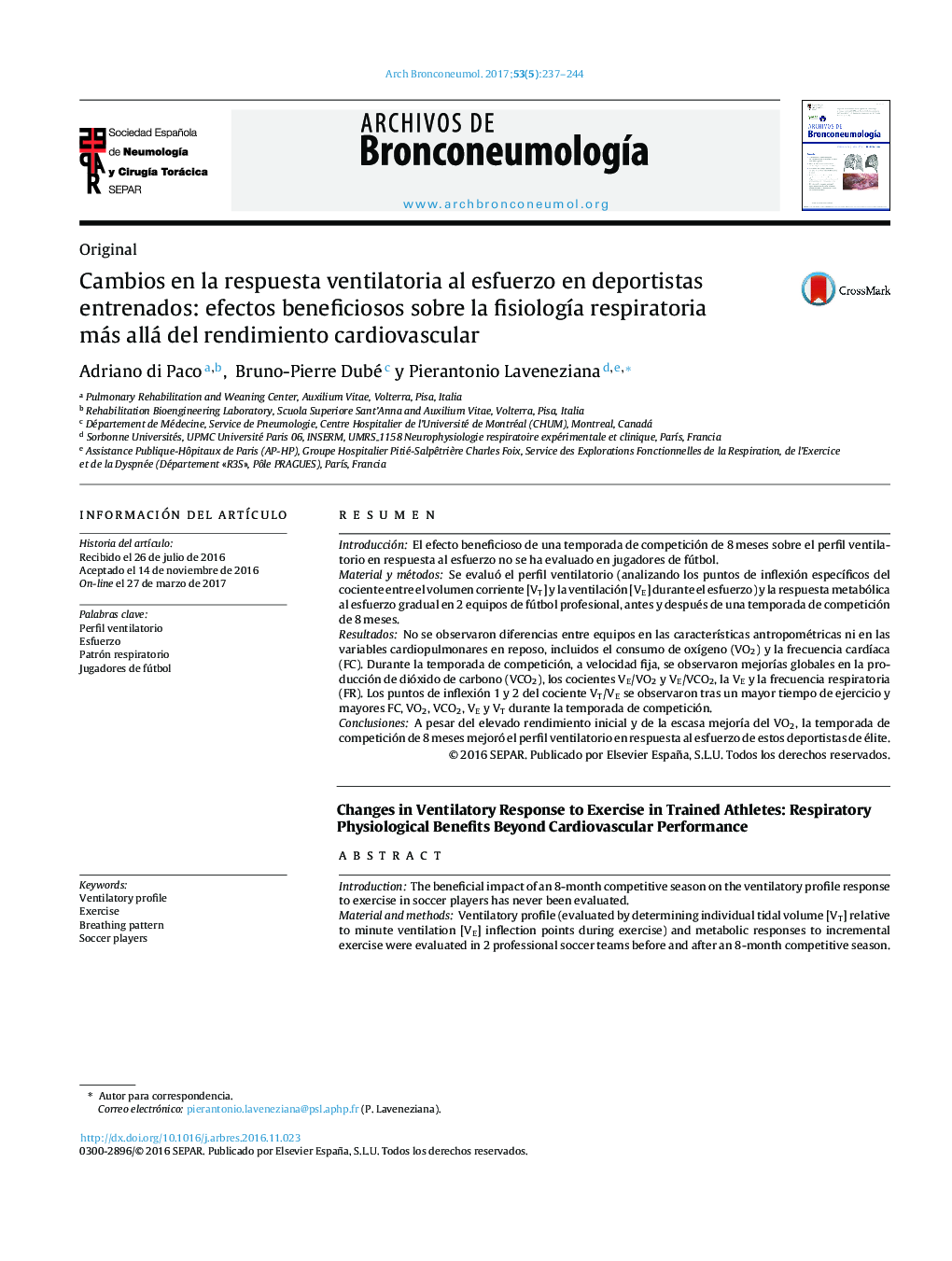 Cambios en la respuesta ventilatoria al esfuerzo en deportistas entrenados: efectos beneficiosos sobre la fisiologÃ­a respiratoria más allá del rendimiento cardiovascular