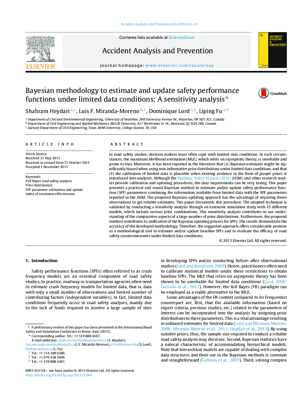 Bayesian methodology to estimate and update safety performance functions under limited data conditions: A sensitivity analysis 