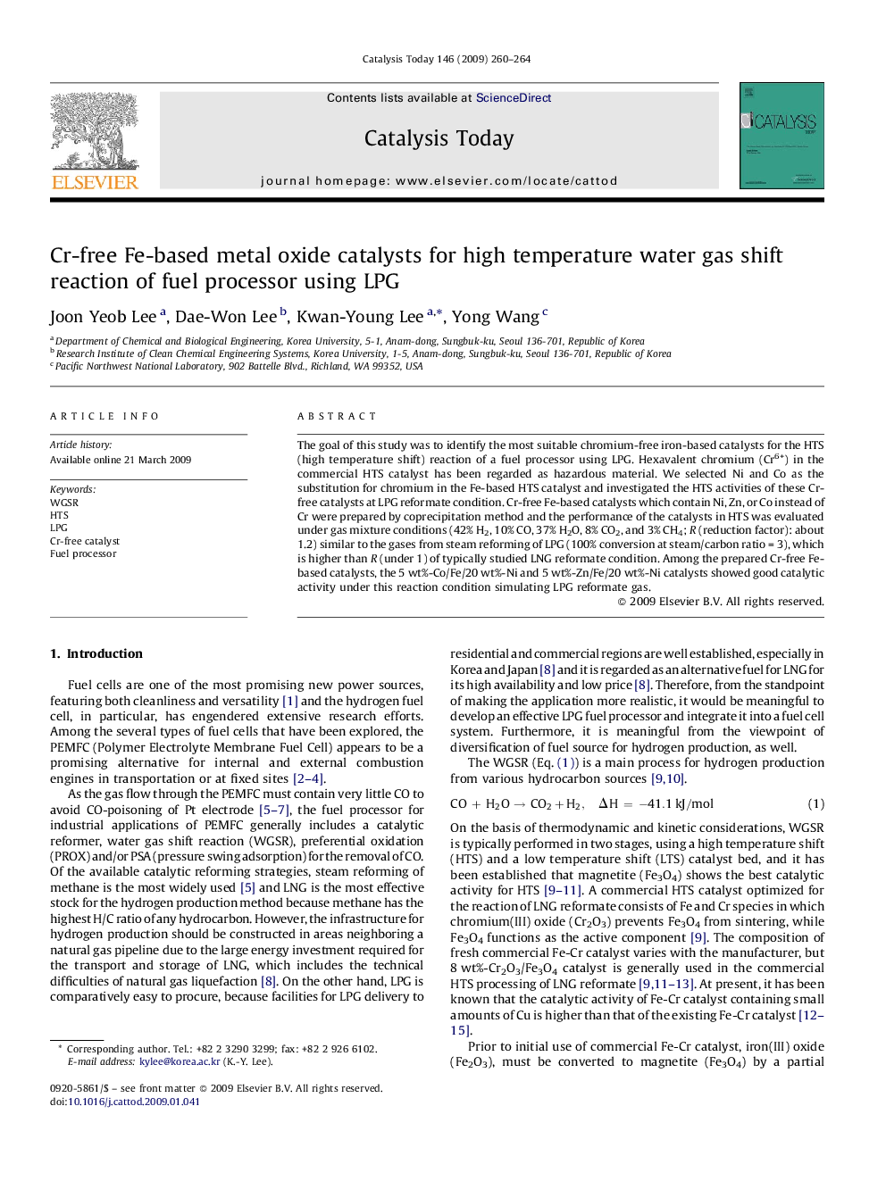 Cr-free Fe-based metal oxide catalysts for high temperature water gas shift reaction of fuel processor using LPG