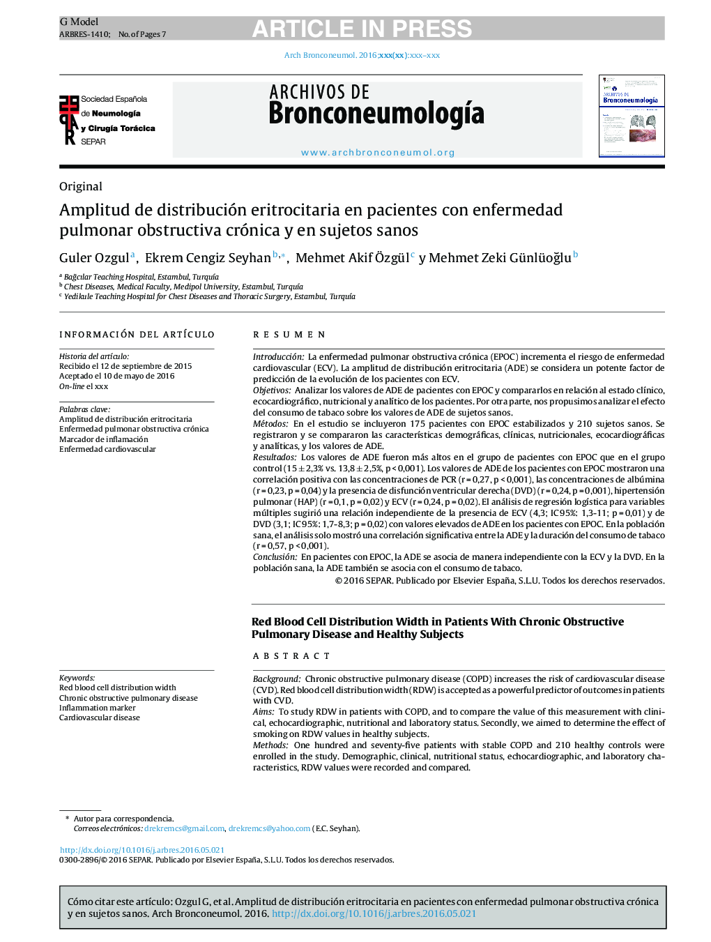 Amplitud de distribución eritrocitaria en pacientes con enfermedad pulmonar obstructiva crónica y en sujetos sanos