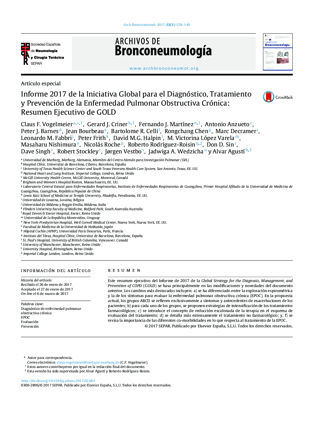 Informe 2017 de la Iniciativa Global para el Diagnóstico, Tratamiento y Prevención de la Enfermedad Pulmonar Obstructiva Crónica: Resumen Ejecutivo de GOLD