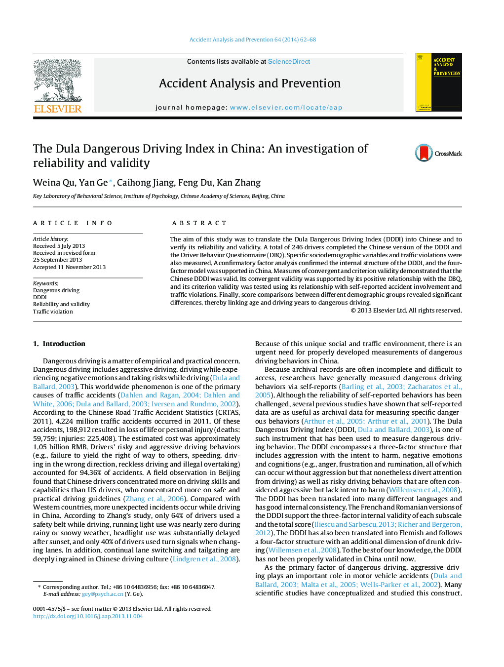 The Dula Dangerous Driving Index in China: An investigation of reliability and validity