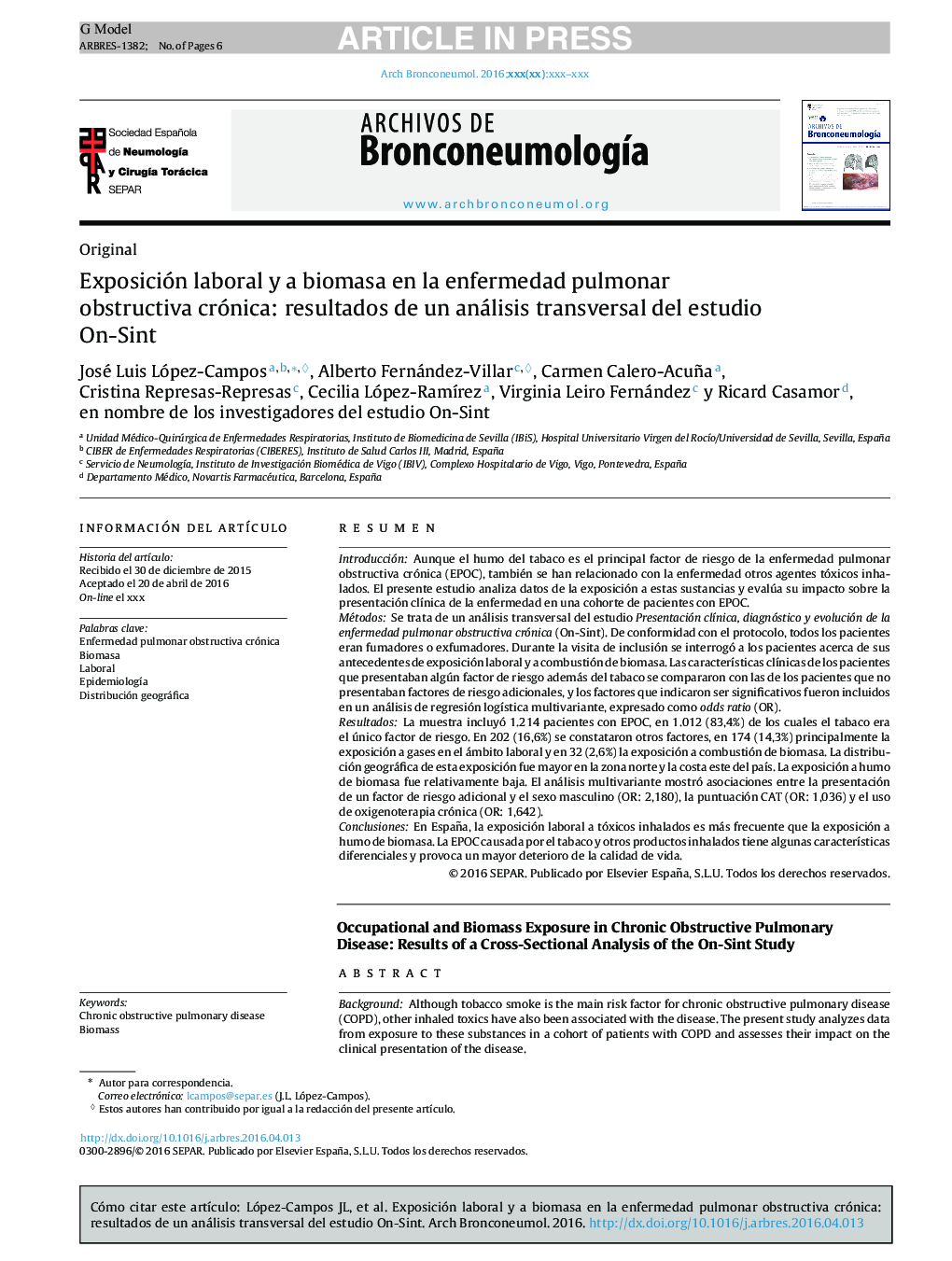 Exposición laboral y a biomasa en la enfermedad pulmonar obstructiva crónica: resultados de un análisis transversal del estudio On-Sint