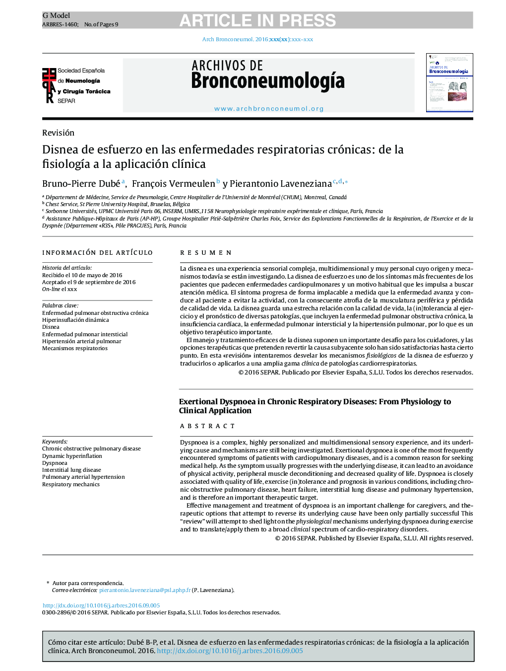 Disnea de esfuerzo en las enfermedades respiratorias crónicas: de la fisiologÃ­a a la aplicación clÃ­nica